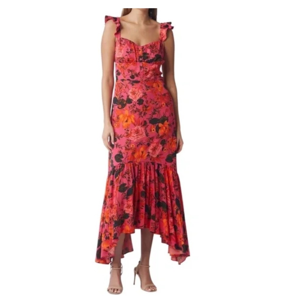 Chelsea28 Floral Midi Dress‎ Womens LGE Pink Ruffle Strap Handkerchief Hem